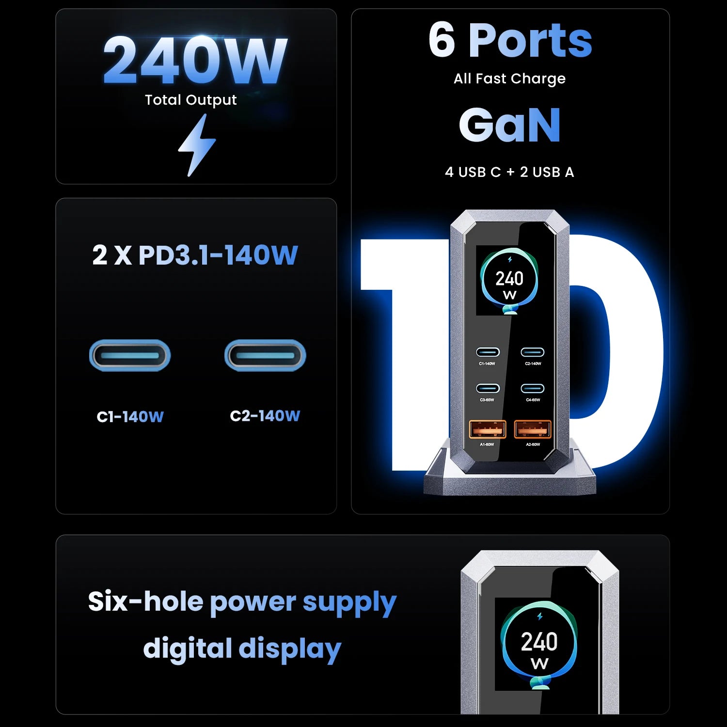 240W Digital GaN Charger PD3.1 140W USB Type C 6 Ports Desktop Fast Charging Station for IPhone Samsung Xiaomi MacBook Laptops