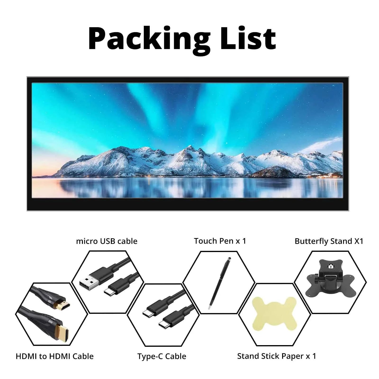 12.3/14.5-Inch Ultra-Wide Touchscreen Monitor – 1920×720 FHD IPS, Type-C, 60Hz, 8-Bit Color Depth