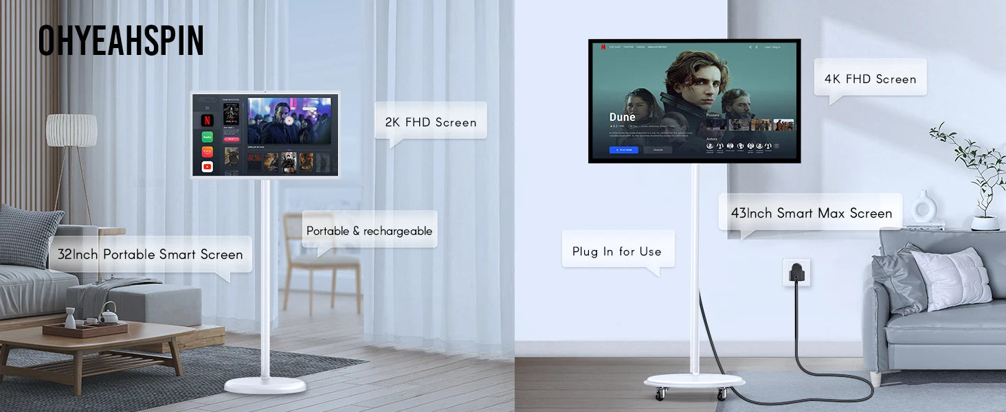MWE 32 inch portable smart monitor on wheels, 2K smart touch screen with Android OS, 8H video playback time