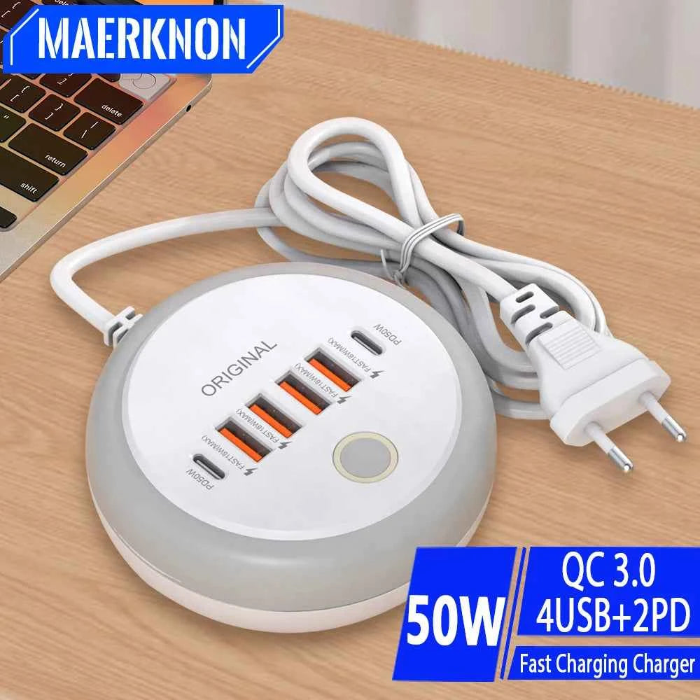 Multi Ports PD Type C Fast Charging Wall Charger 50W USB Charger USB Hub For Samsung iPhone Xiaomi EU/US/UK Plug Phone Charger