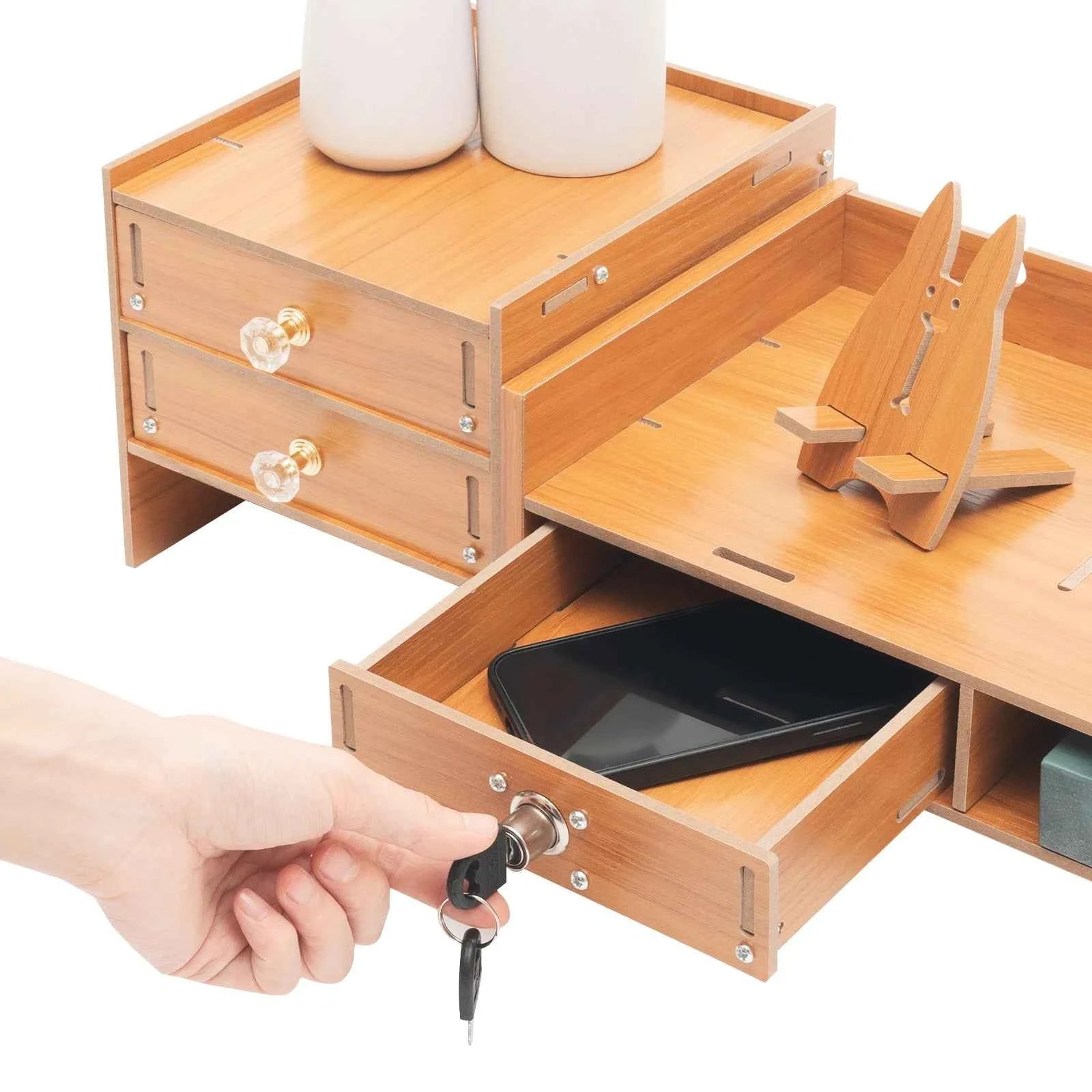 3 Drawers Computer Storage Rack Computer Monitor Stand Office Desktop Organizer Cabinet 2* Keys for Study, Office, Living Room