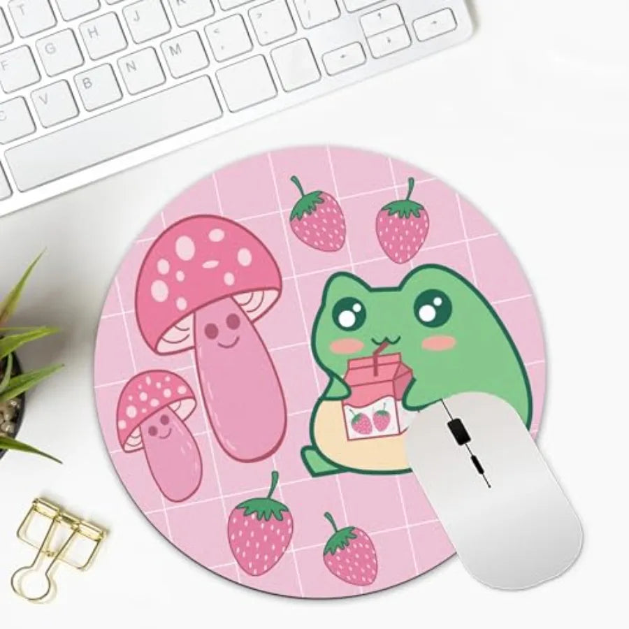 Pink Kawaii Frog Cute Round Mouse Pad Mushroom Strawberry Circle Mousepad Desk Mat Aesthetic Preppy Women Office Small Accessor