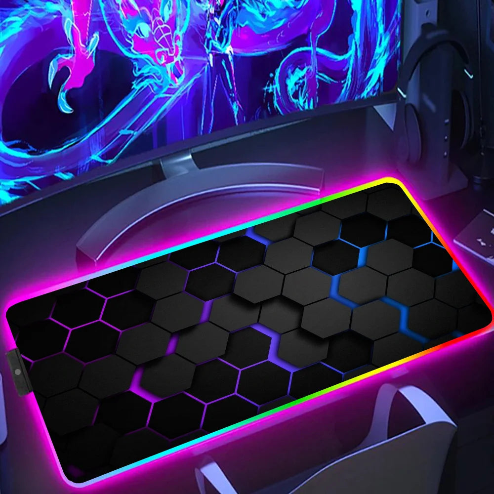 LED Lighting RGB Mouse Pad E-sports Game Keyboard Pad Table Mats Geometric Hexagons Pc Accessories Deskmat Mousepad Gamer Anime