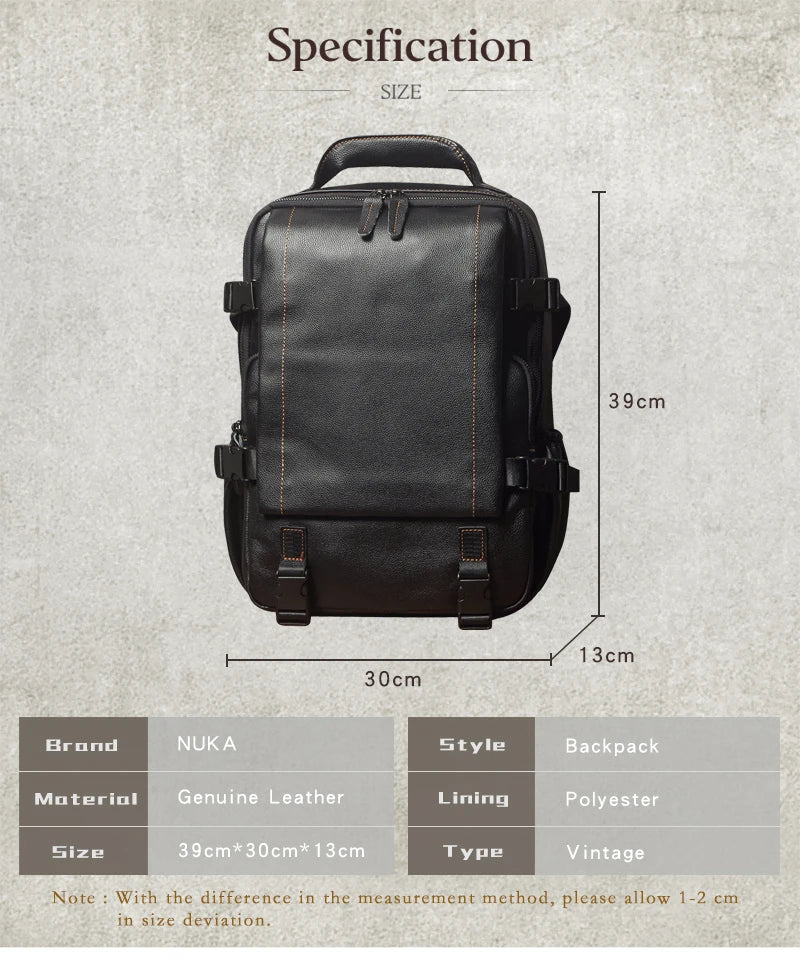 NUKA Men Top Grain Leather Backpack 15 Inch Laptop Bag For Daily Commute Travel Outdoor Hiking Genuine Leather Durable Rucksack
