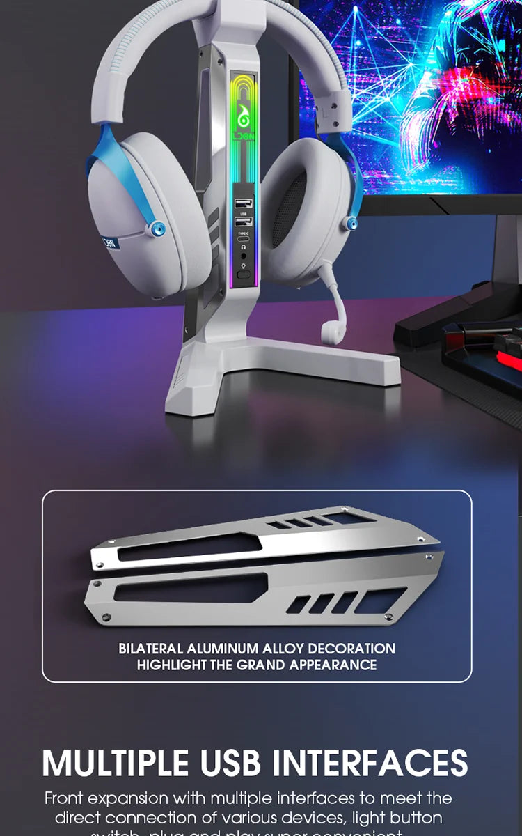 RGB Gaming Headset Stand with Sound-Activated Lights, 11 Modes LED USB Charging Dock, Headphone Holder for PC Gamer