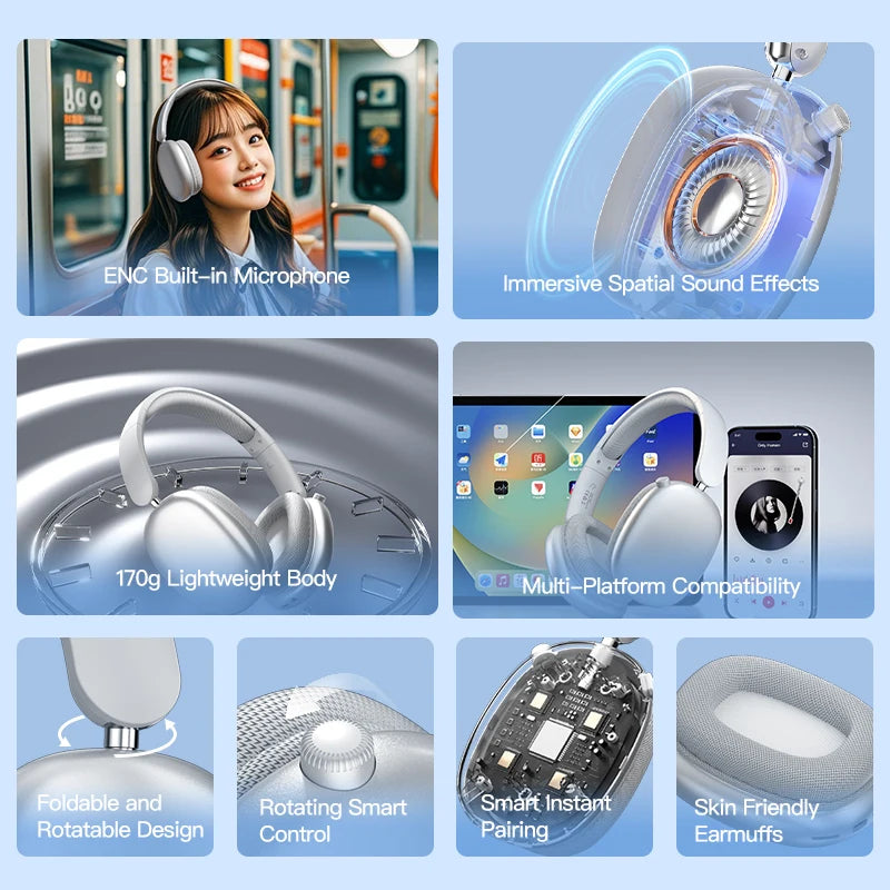 Wireless Bluetooth Headphones Over-Ear, Hi-Res Audio, Sport Headphone, Foldable Stereo, Travel Headphones, Silver
