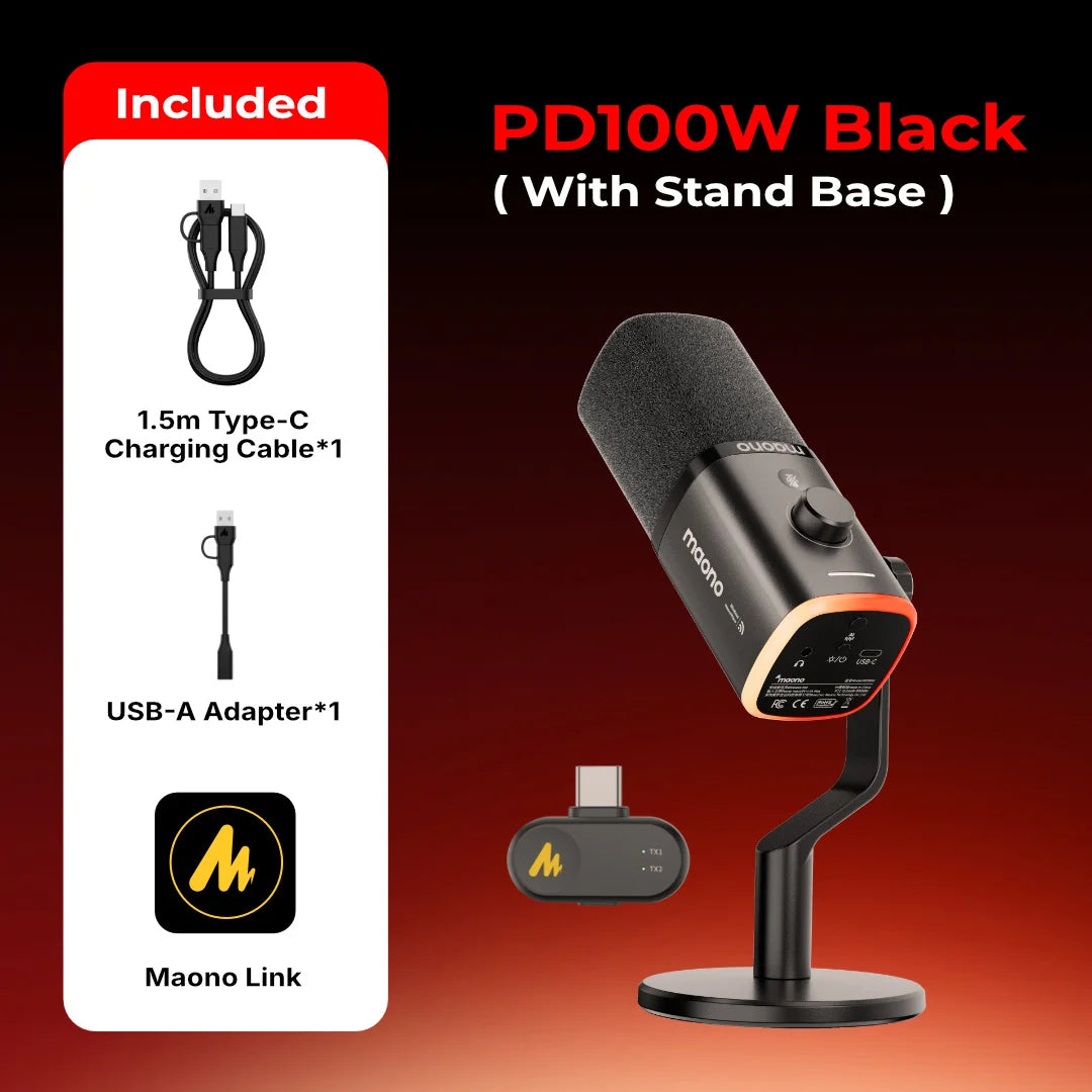 MAONO PD100W Wireless Dynamic Microphone Cardioid Dynamic Mic 50m Range One-Touch Noise Reduction RGB for Gaming Live Streaming