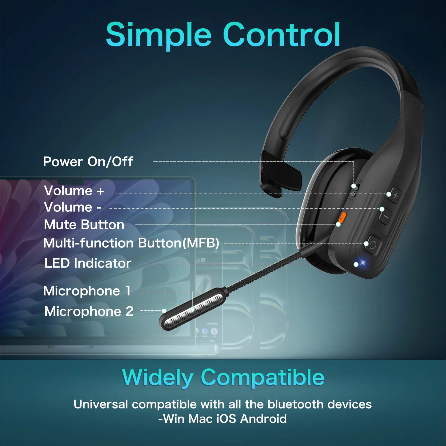 Truck Driver Headset with Dual Mic Noise Cancelling Bluetooth 5.3 Headphones Wireless Earbuds with Hands-Free for Office Driving