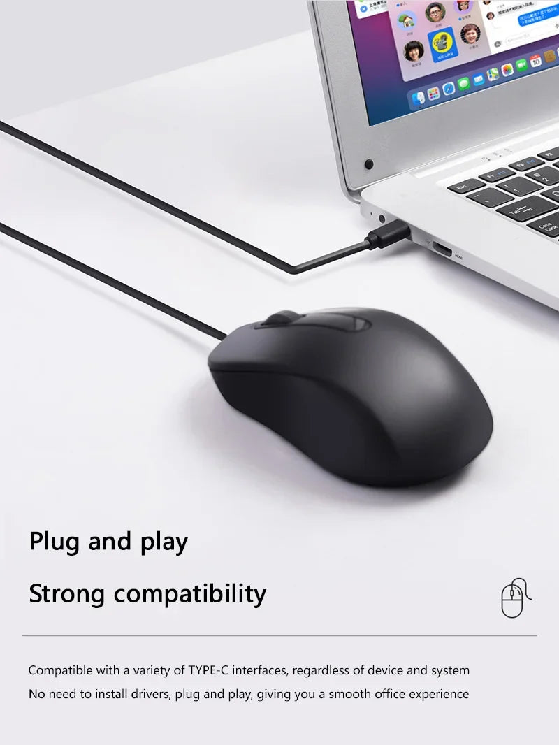 Lenovo Wired Mouse Type-C Plug Ergonomic Design Tablet Notebook Office Optical Silent Mouse For PC Android IOS