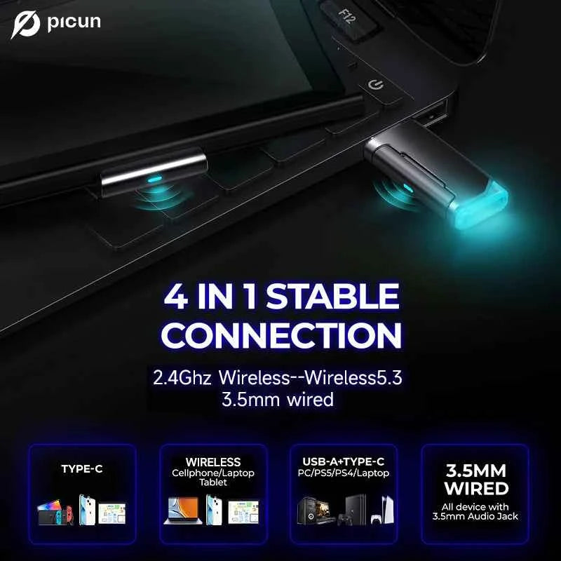 Picun G2 Wireless Gaming Headset Bluetooth 5.3 2.4G Headphones 7.1 Surround 5ms Low Latency ENC Mic for PC PS4 PS5 Phone Switch