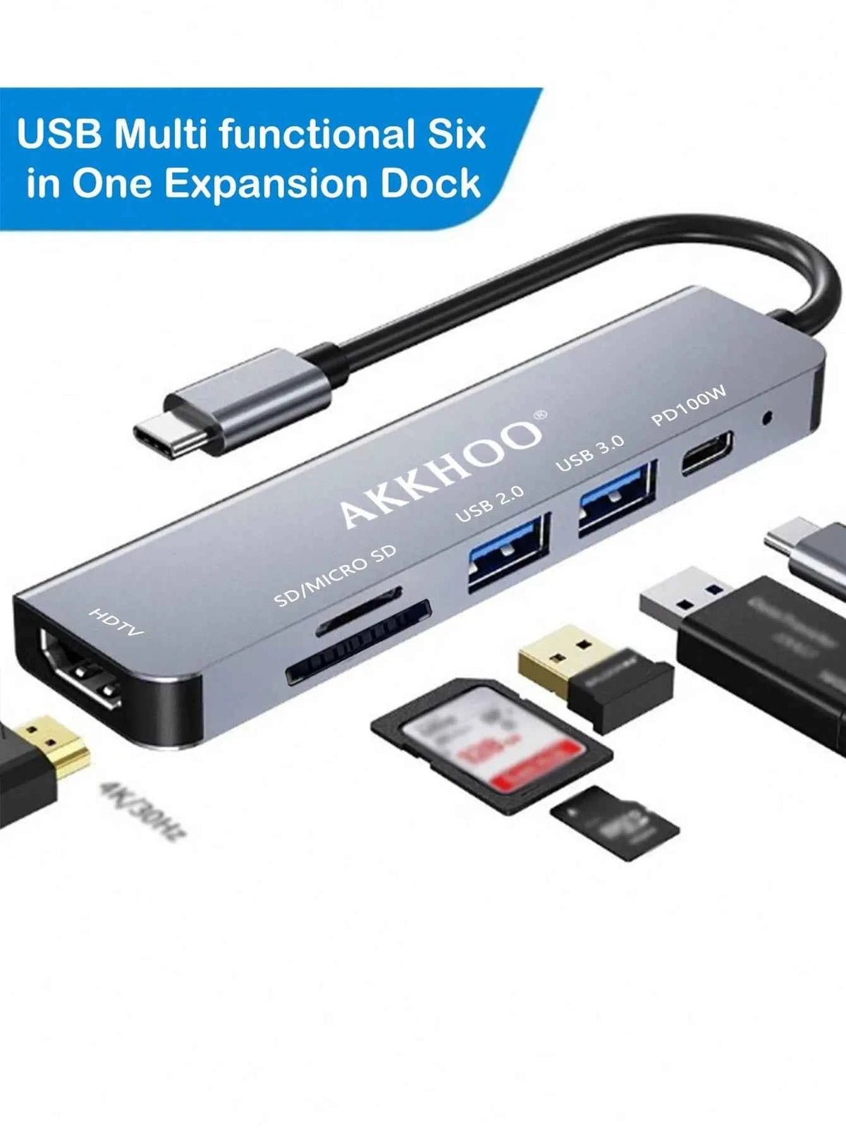 6 in 1 Type-C Docking Station, Support 100W PD Fast Charge, SD/TF Card Dual Card Slot, Portable Multi-Function Docking Station