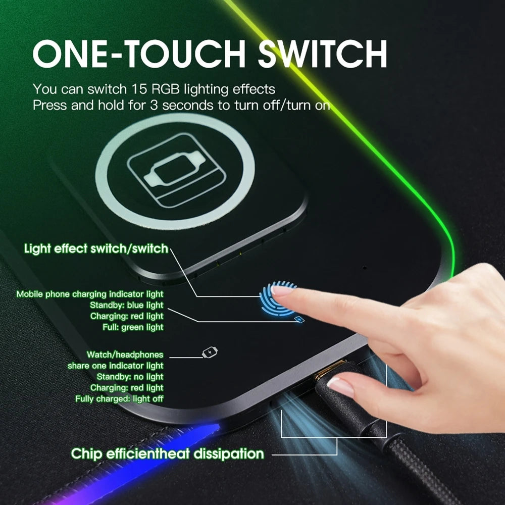 3 IN 1 Mouse Pad Magnetic Wireless Charging for Mobile Phone, Watch, Headphone RGB Lighting Desk Mat Gaming Mousepad 80x30cm