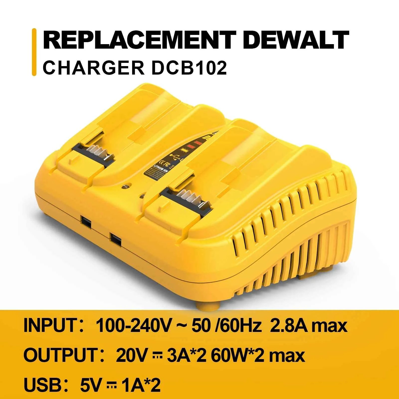 DCB102 Dual Port 3A Rapid Charger For Dewalt 12V 20V Li-ion Battery USB Charger with LED DCB205 DCB115 DCB107 DCB112