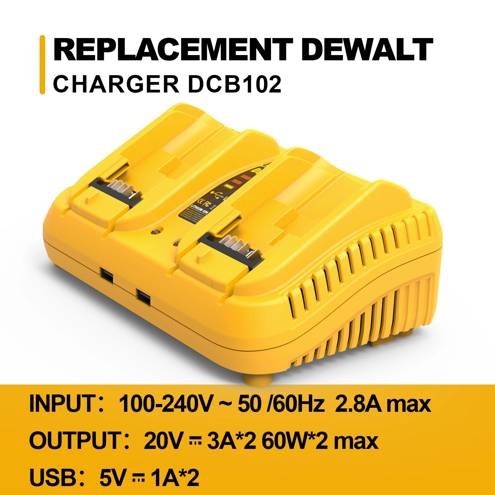 DCB102 Dual Port 3A Rapid Charger For Dewalt 12V 20V Li-ion Battery USB Charger with LED DCB205 DCB115 DCB107 DCB112
