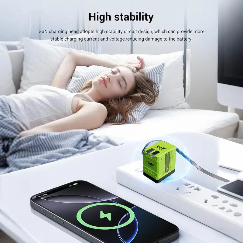 （2PCS）W&O 4-in-1 GaN 120W Fast Charger Retractable USB-C & Lightning Cable Folding Adapter iPhone 16 iPad MacBook Multi-Device