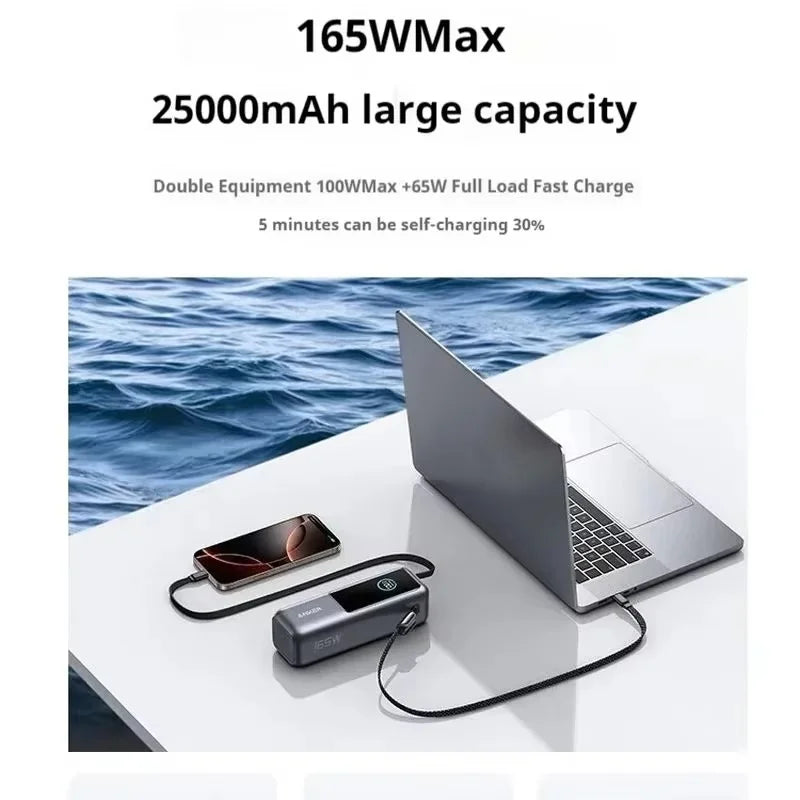 NEW Anker 165W Max Power Bank 25000mAh High Capacity Retractable Cables Fast Charge Mobile Phone Power Bank Gift Lightweight PC
