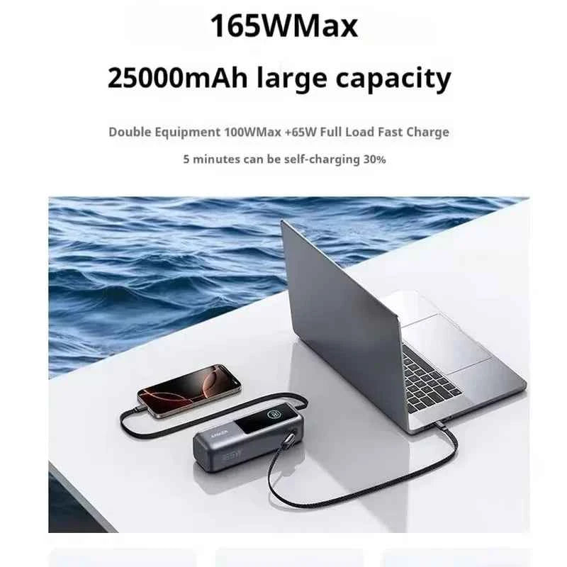 NEW Anker 165W Max Power Bank 25000mAh High Capacity Retractable Cables Fast Charge Mobile Phone Power Bank Gift Lightweight PC