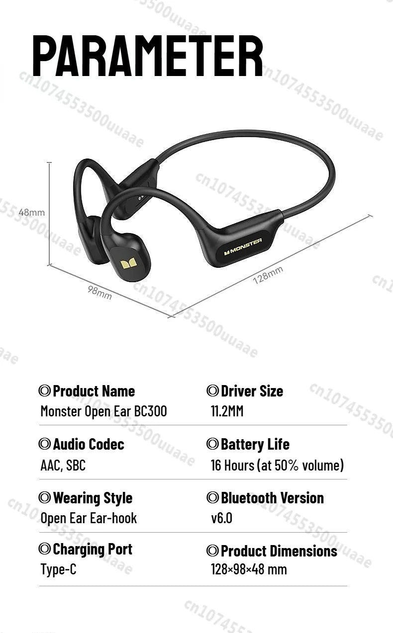 Monster BC300 Bone Conduction Bluetooth 6.0 Headphone IPX8 Waterproof Wireless Swimming Earphones Built-in 32GB Sport Earhook