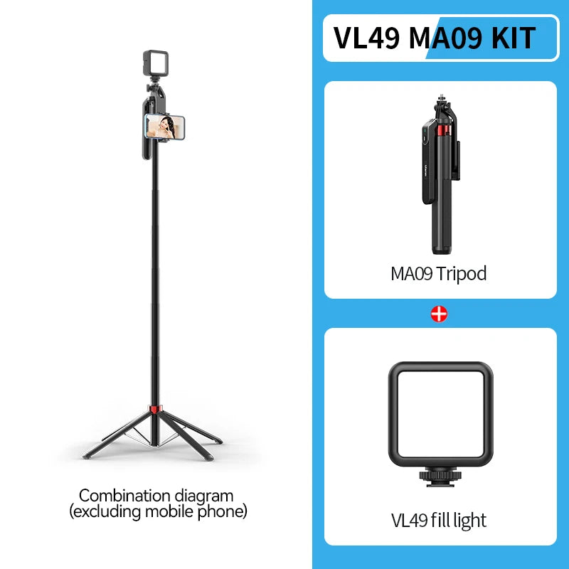 Ulanzi MA09 1.8m Selfie Stick Tripod for iPhone 17 15 Android Phone with Remote Control Panoramic Ball Head Holder U200 VL49 Kit