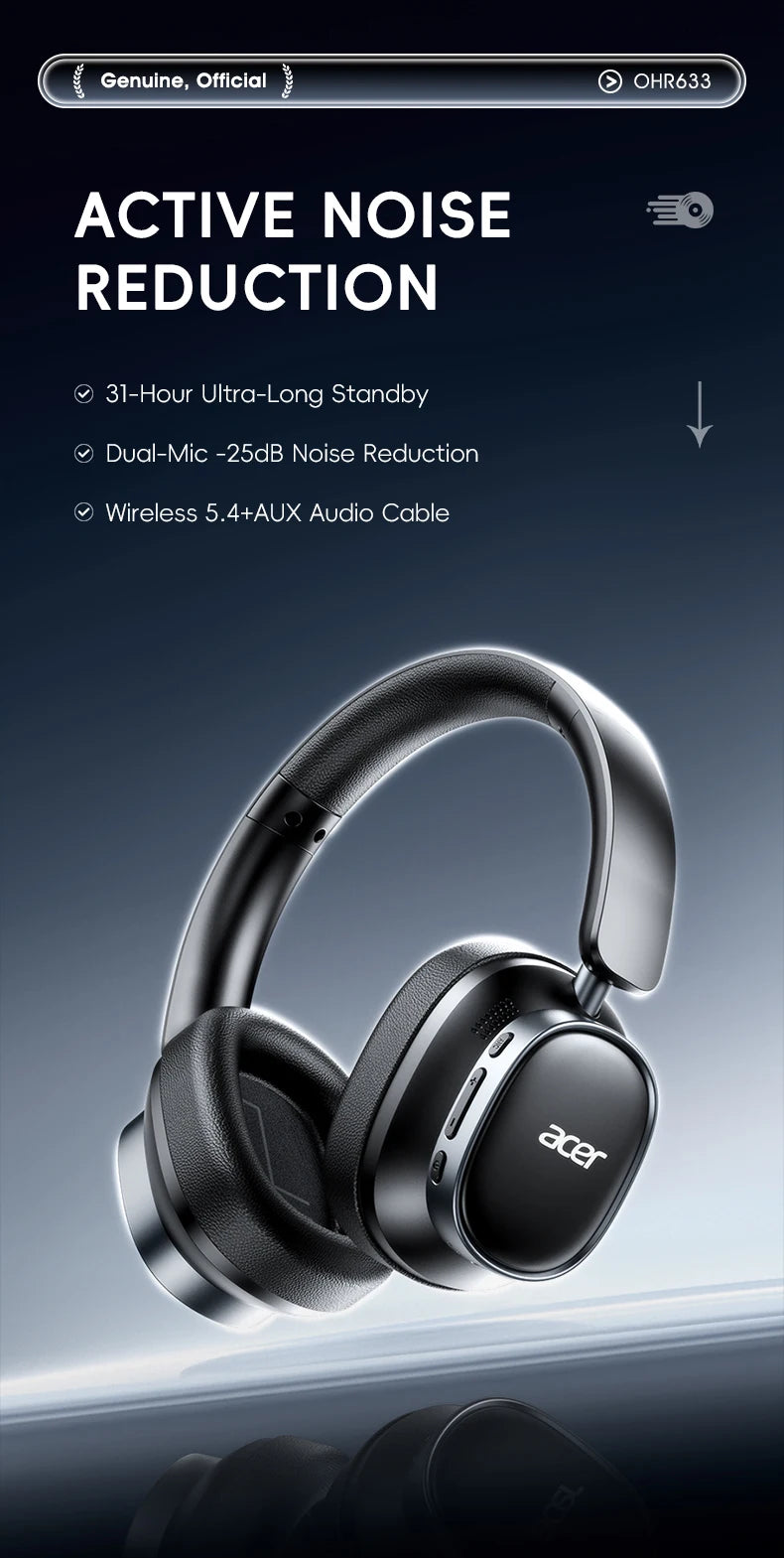 Acer Ohr633 2026 New Model Wireless Bluetooth Headphones Hifi Stereo Sound Quality Anc Call Noise Reduction Foldable Adjustable Design Built-In High-Definition Microphone Gaming Headphones