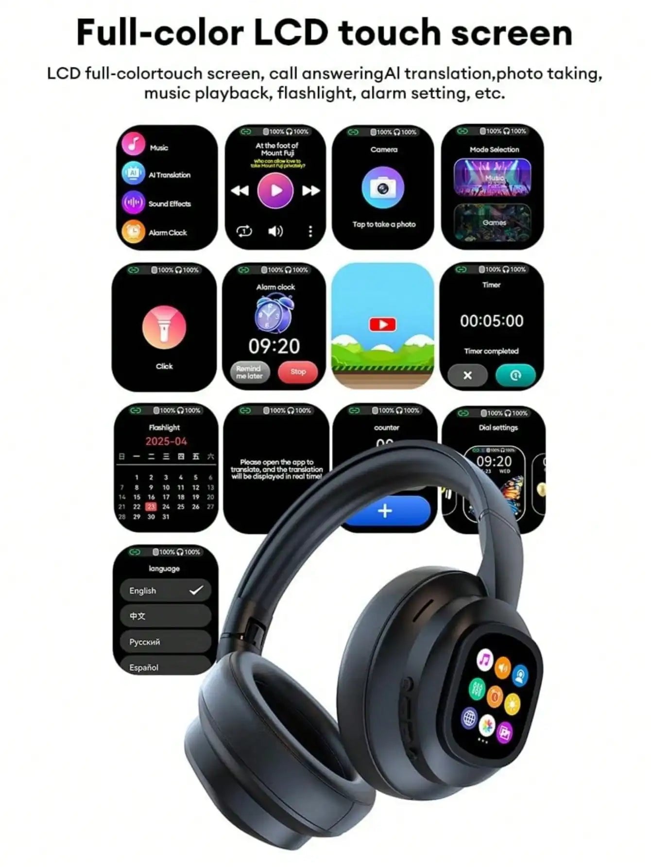 AI Translation Wireless Headphones, Magnetic LCD Touch Screen, Foldable Retractable Design, Real-time 115 Languages Translation, BT6.0, Multi-functions for Photo, Flashlight, Alarm & Voice Recording, AUX Wired Supported