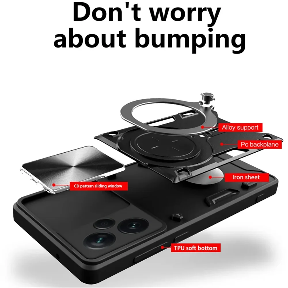 Camera Slide Protect Case For Xiaomi Redmi Note 13 12 11 10 Pro Plus Redmi Note 12S 11S 13C 12C 9 For Magnetic Ring Holder Cover
