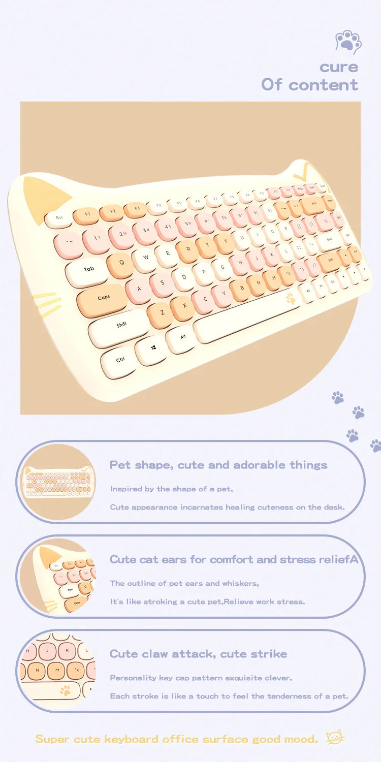 MOFII Kawaii Cat 2.4G Wireless Keyboard and Mouse Set Cute Lipstick Punk Keyboards and Mice Combos for Laptop PC Home Office