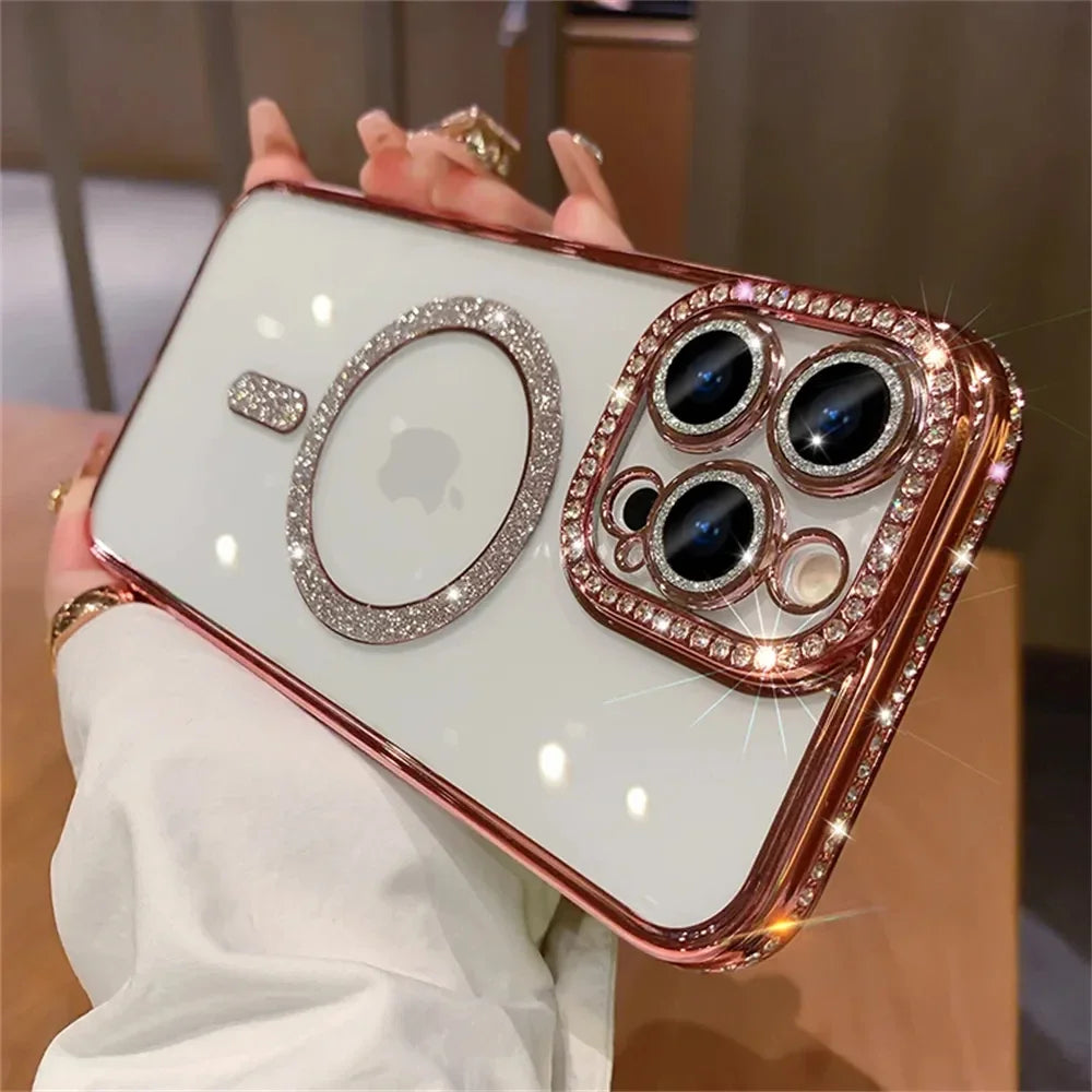 New Fashion Glitter Diamond Transparent Case For iPhone 16 15 14 13 17 12 Pro Max 16 Plus Magnetic Wireless Charge Bumper Cover