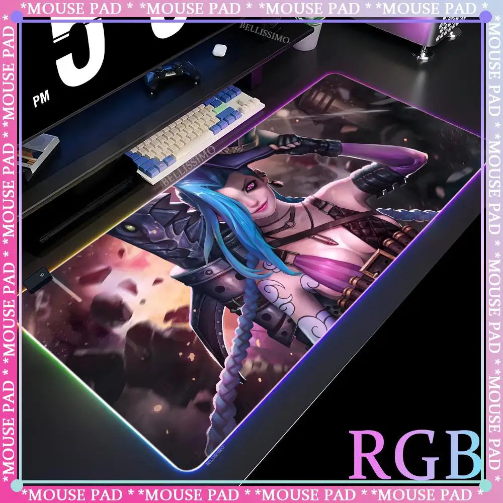 RGB League of Legends MousePad Gamer Jinx Anime Girl LED Game Accessories Keyboard Pad Large Desk mats Rubber Luminous Mouse Pad