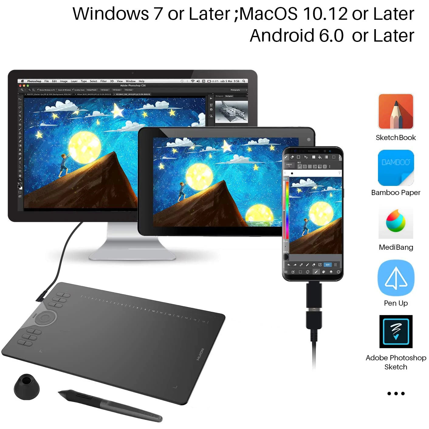 Huion HS610 10x6.25 Inch Graphics Drawing Tablet 28 Express Keys 8192 Battery-Free Stylus Pen Tablet For Android Phone MacBook