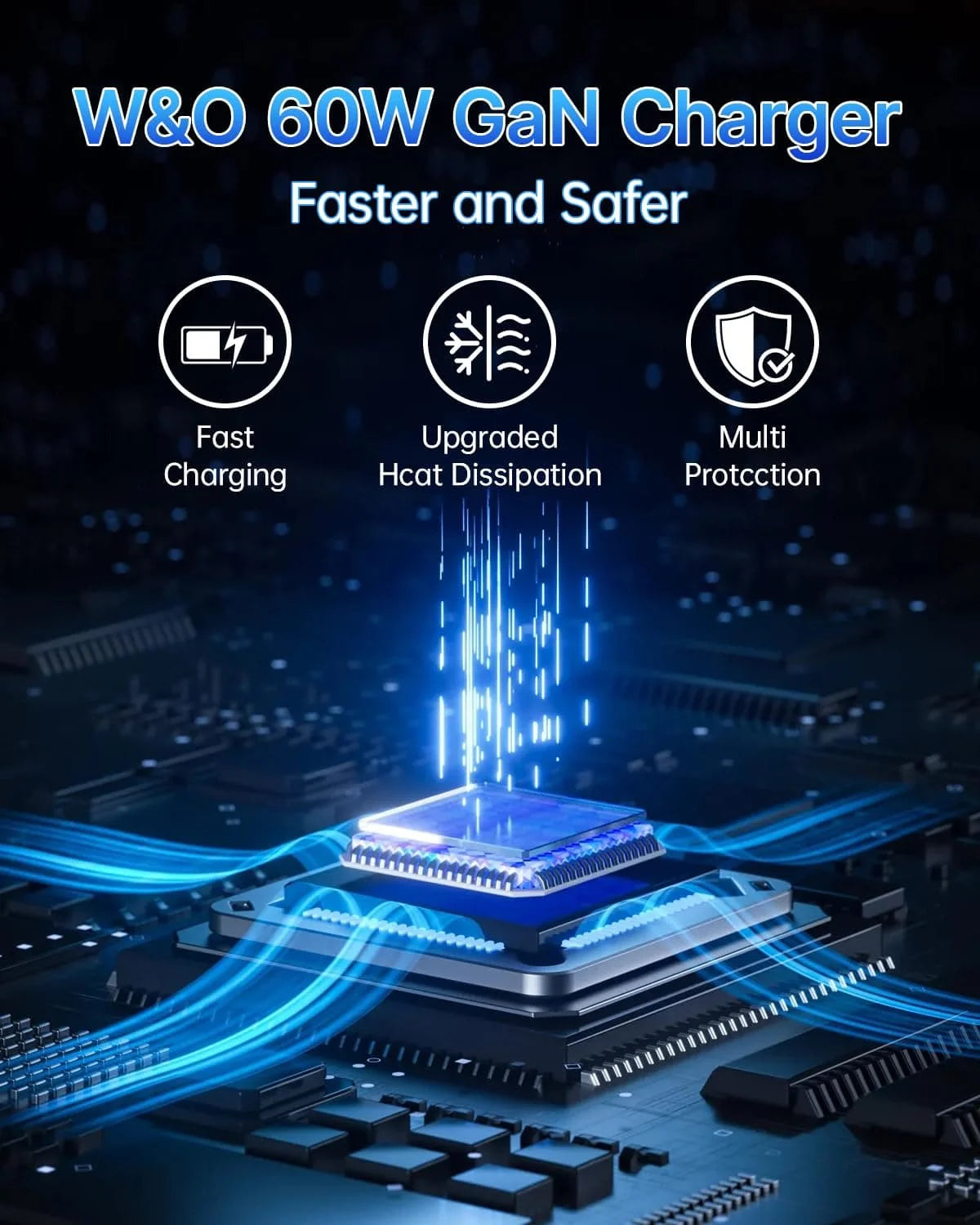 W & O 60W gan Fast Charger for iPhone, Retractable Phone Charger Wall Plug with Type‑C & Compatible Lightning Cables,for iPhone 17/16/15, Galaxy S25/24，Android Devices