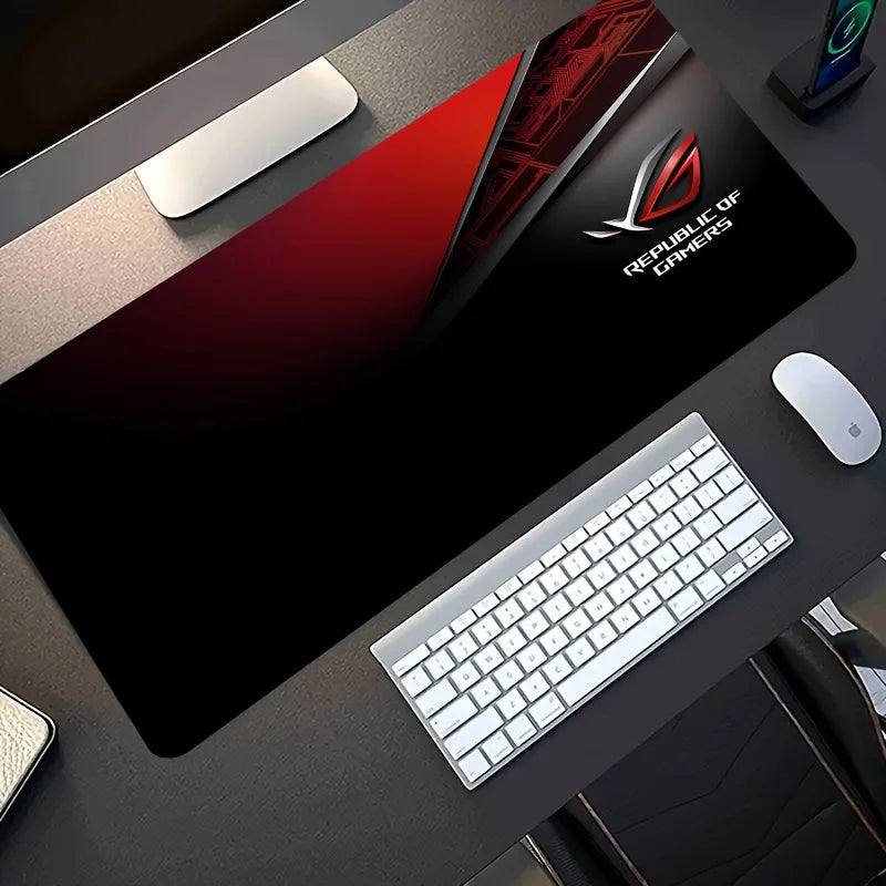 1pc Large Gaming Mouse Pad with Red Black ROG Design Non-Slip Durable Rubber Keyboard Mat for PC Office Decor XXL Desk Accessory