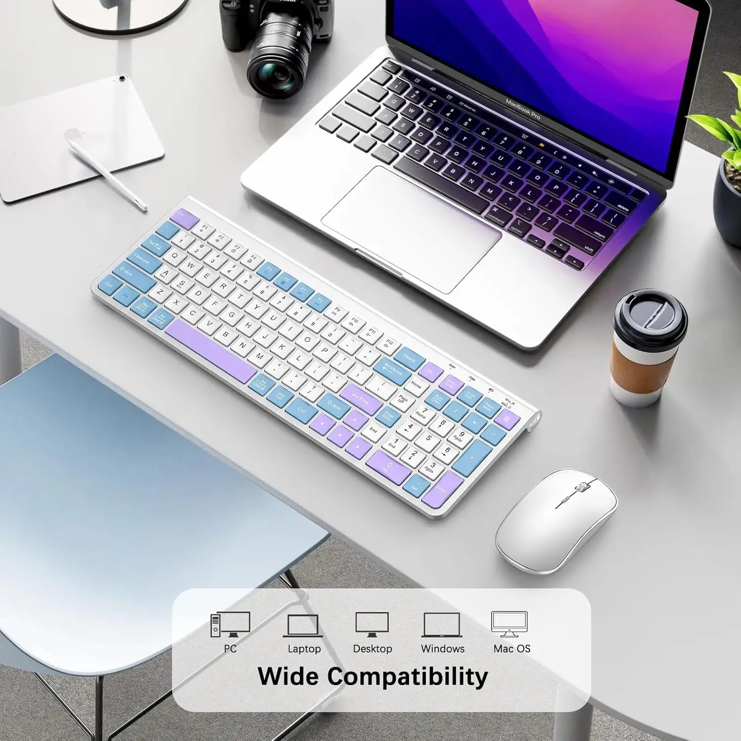Ergonomic wireless keyboard and mouse, ultra-thin and compact design French AZERTY/ American QWERTY quiet,USB-A and USB-C ports.