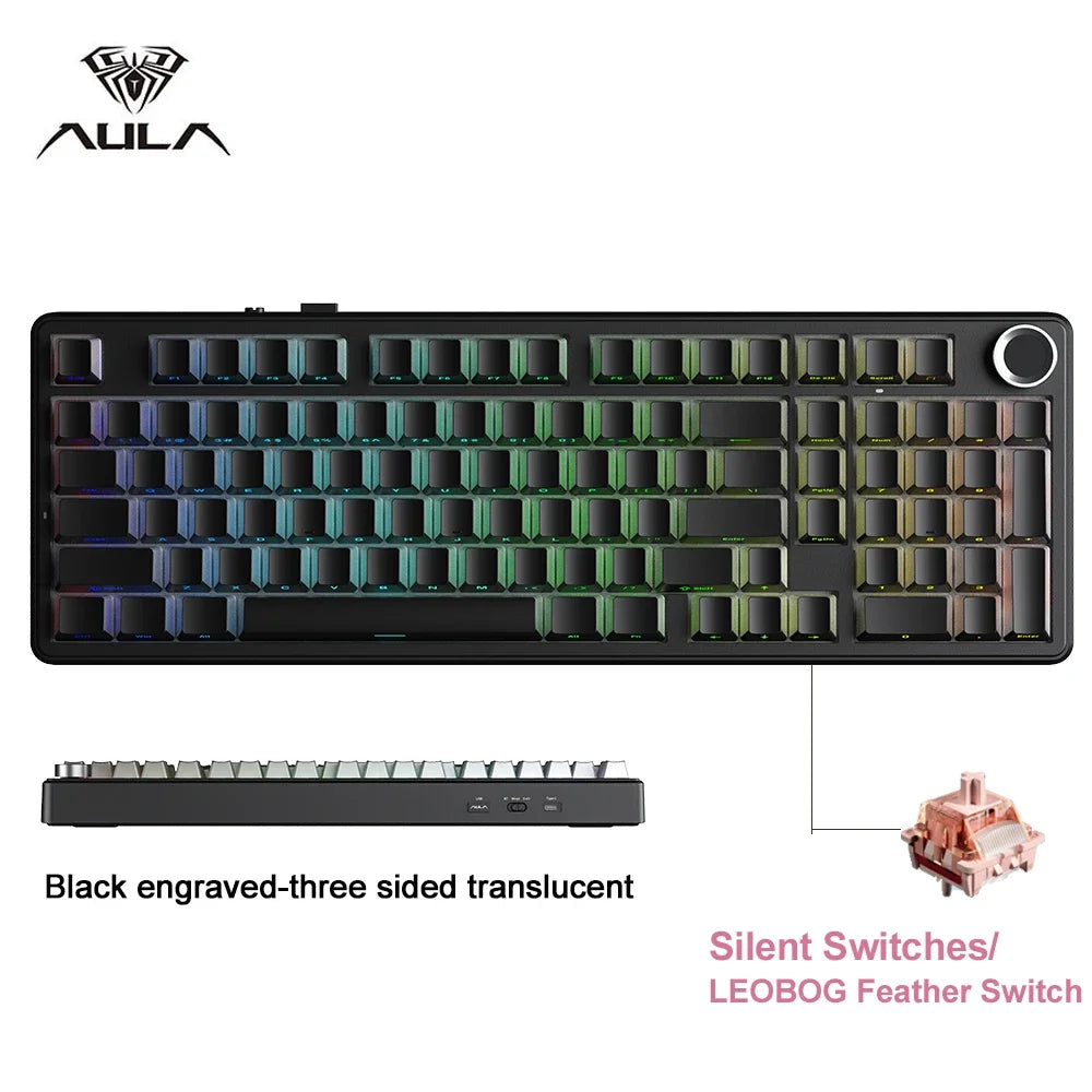 AULA F99 Pro Silent Mechanical Keyboard 2.4G Wireless PBT Keycap Hot-Swappable RGB Backlit Translucent Sided Engraved Keyboard