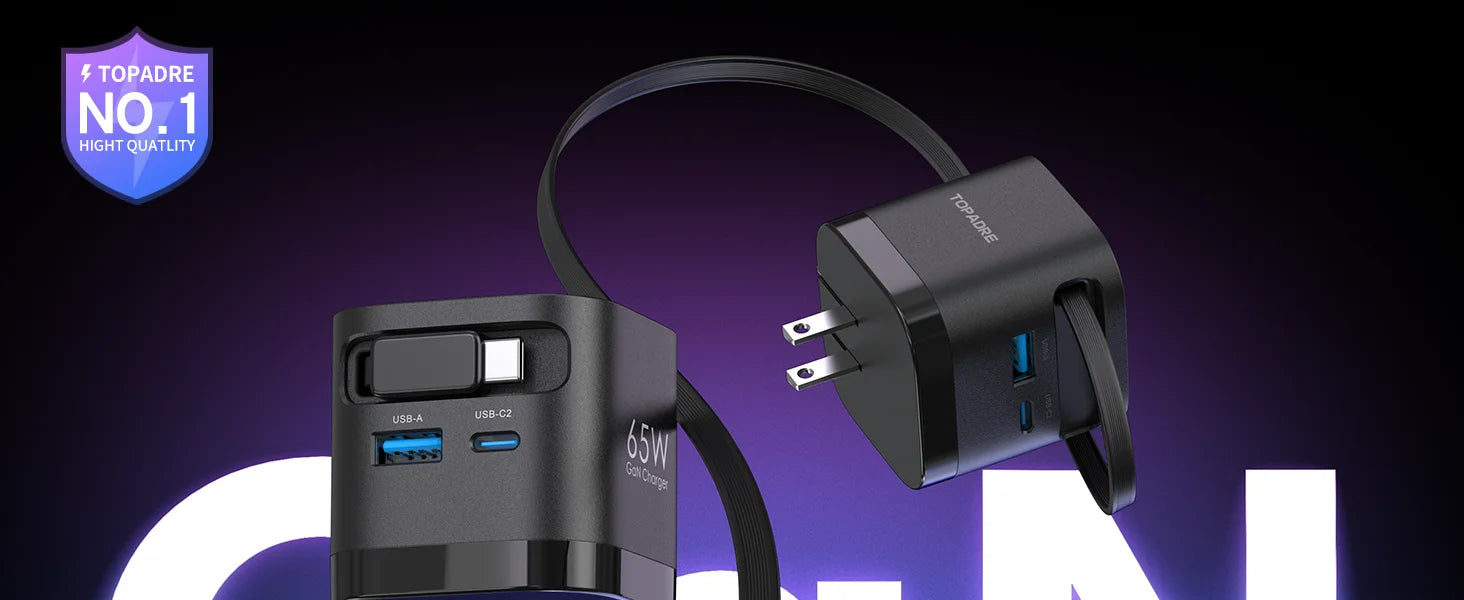 65W GaN Fast Charger with Retractable Cable, Foldable Plug, Quick Charging Block, for iPhone , Samsung , iPad, Android Phones