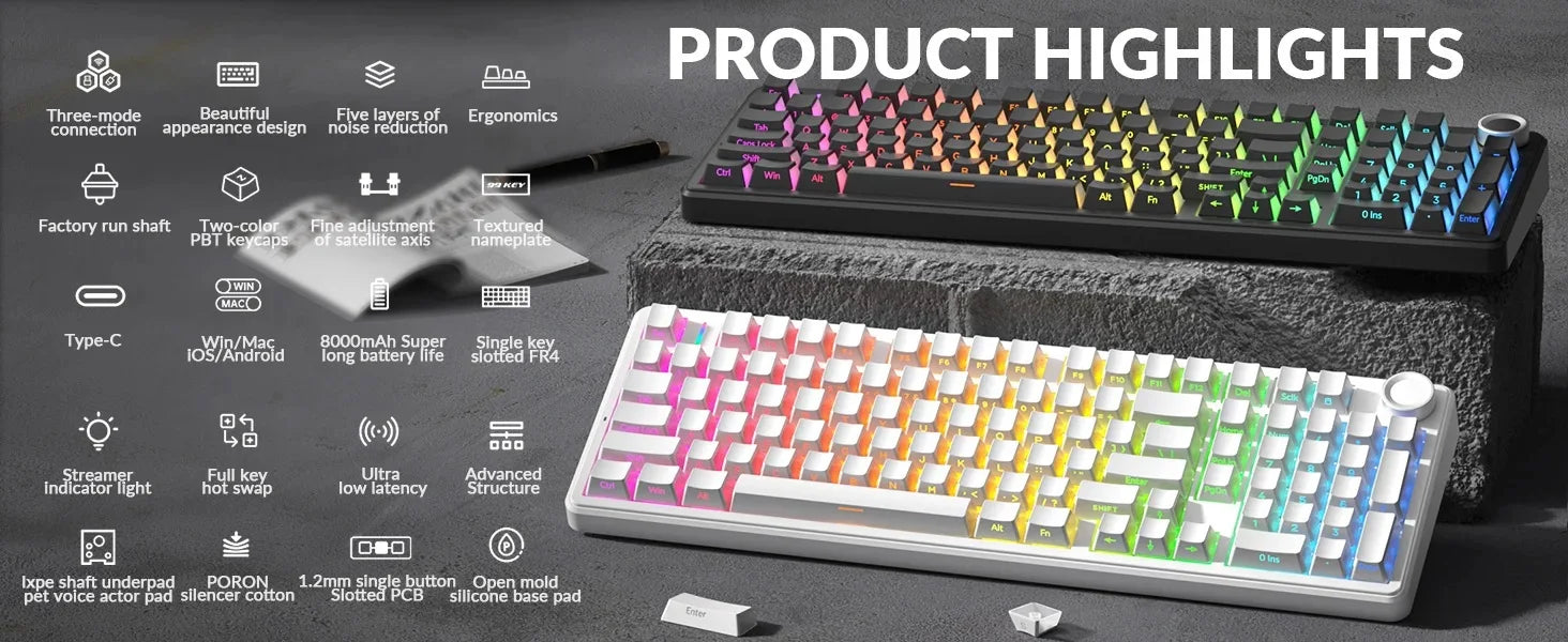 AULA F99 Pro Silent Mechanical Keyboard 2.4G Wireless PBT Keycap Hot-Swappable RGB Backlit Translucent Sided Engraved Keyboard