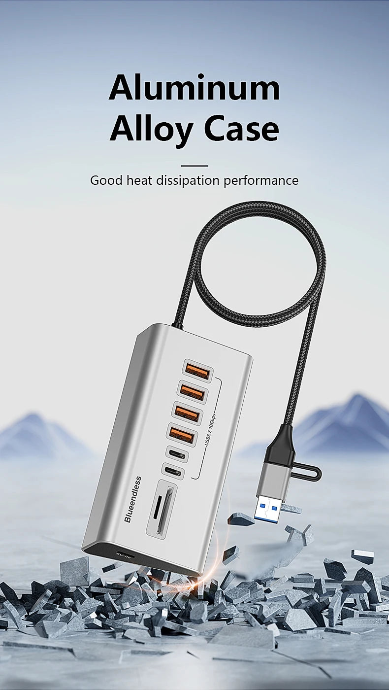 USB 3.2 10Gbps Hub USB Docking Station Type C Splitter with Card Reader Aluminum Alloy Multi 8/9 Ports Switch For PC Laptop