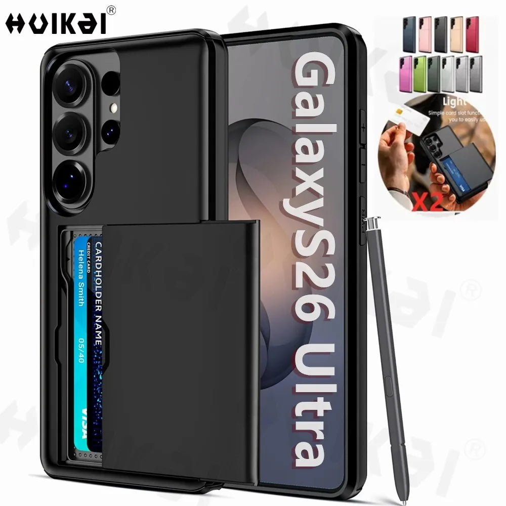 Wallet Card Holder Case For Samsung Galaxy S26 Ultra S25 S24 S23 S25 FE S22 Slide Slot Slim Hard PC Heavy Duty Protective Covers