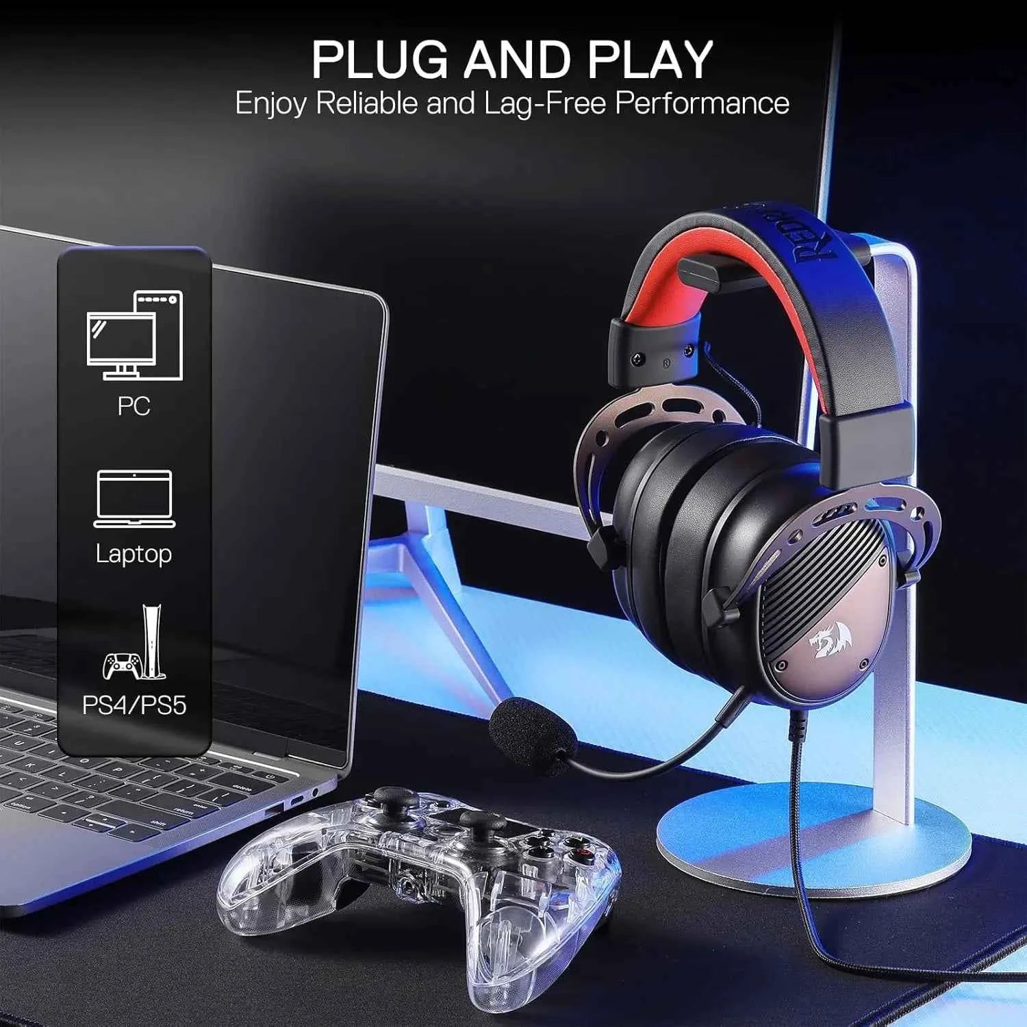 Redragon H730 USB Wired Gaming 53mm Drivers, 360° Spatial Sound, Detachable Noise-Canceling Microphone Headset