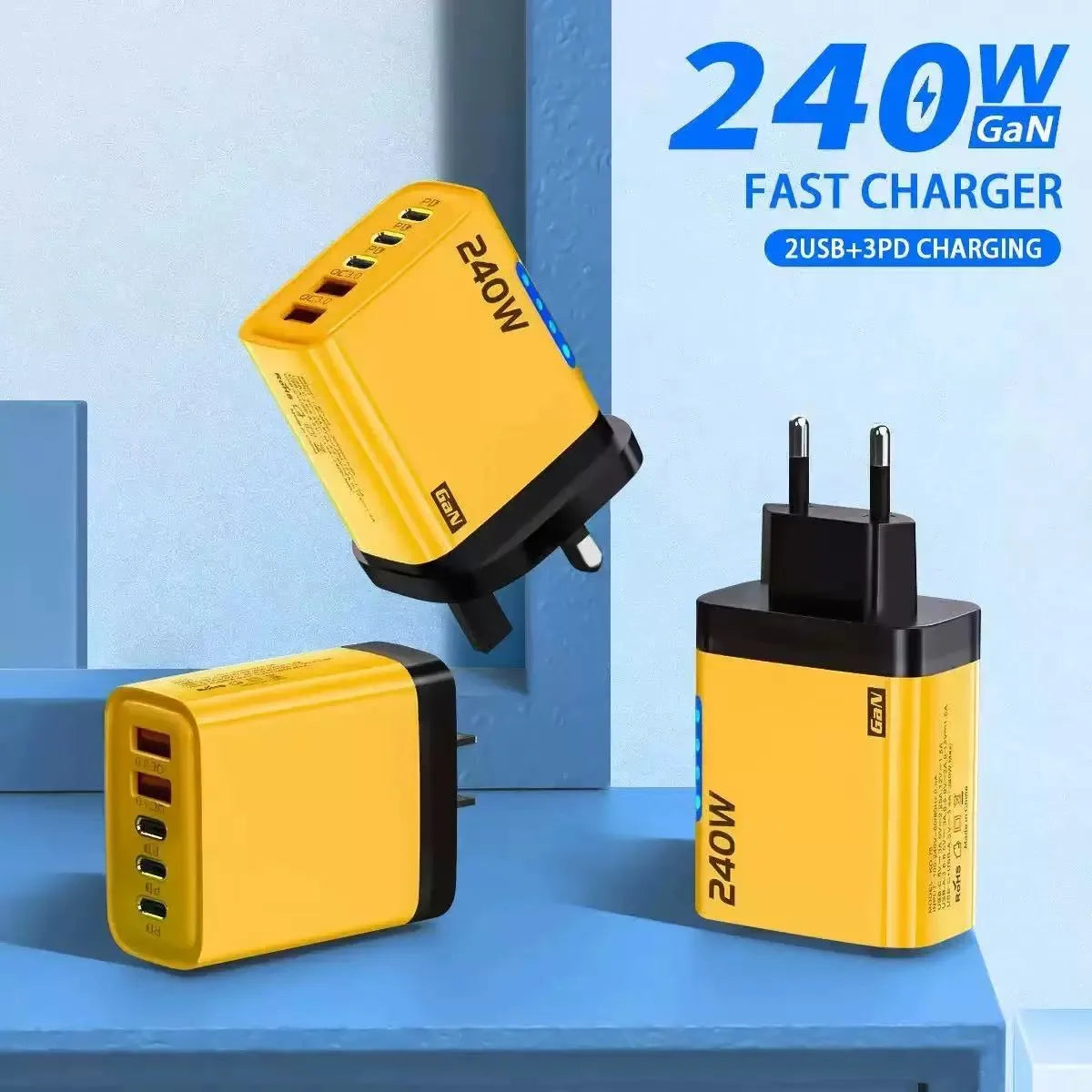 240W GaN Charger 5-in-1 3USB-C PD and 2USB-A QC3.0 Fast Charging for iPhone 16 17 Samsung S25 S24 Xiaomi 15 16 17 Huawei Mate