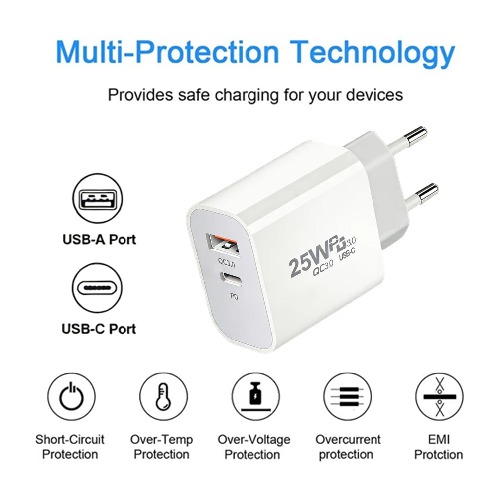 25W PD USB C Multi-Port Fast Charger For iPhone 11 12 13 Mini 14 Pro Max X XR XS Max 7 8 Plus Quick Charging PD Cable 1m 1.5m 2m