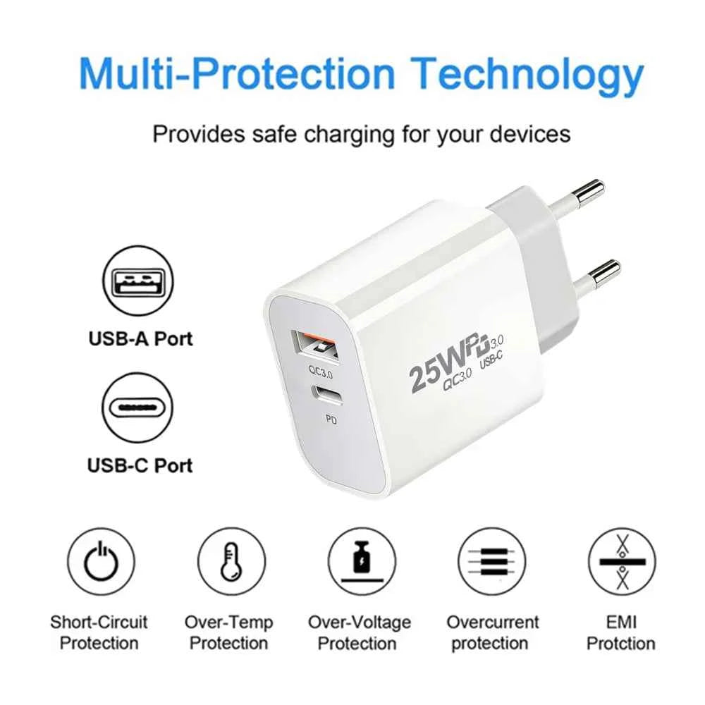 25W PD USB C Multi-Port Fast Charger For iPhone 11 12 13 Mini 14 Pro Max X XR XS Max 7 8 Plus Quick Charging PD Cable 1m 1.5m 2m