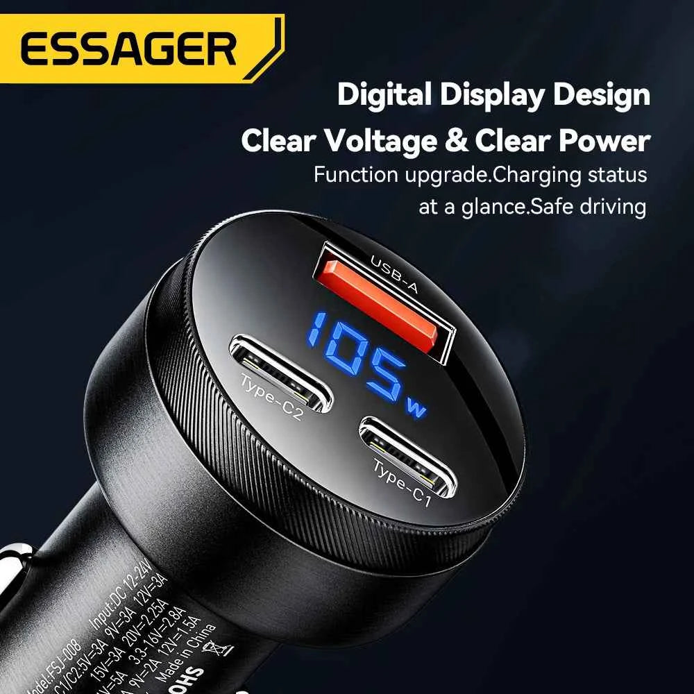 Essager USB C Car Charger 105W Quick Charge PD3.0 QC4.0 3.0 SCP PPS USB Type C  Fast Charging For iPhone 15 14 13 Samsung Xiaomi