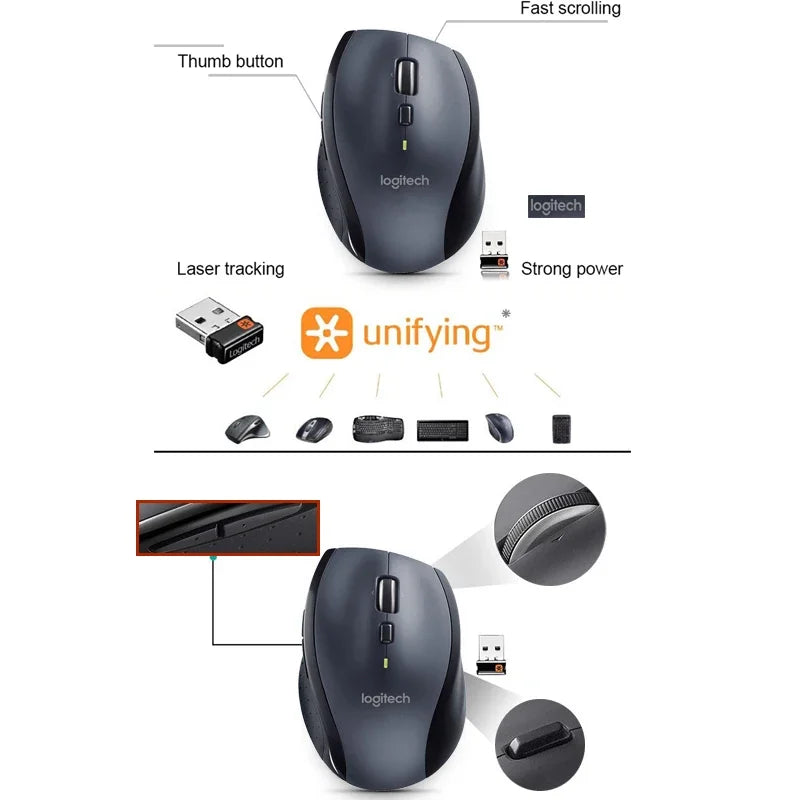 Logitech M705 Wireless Laser Mouse Unifying Receiver Ergonomic Design for PC Laptop Desktop Mac Office Use Computer Peripherals
