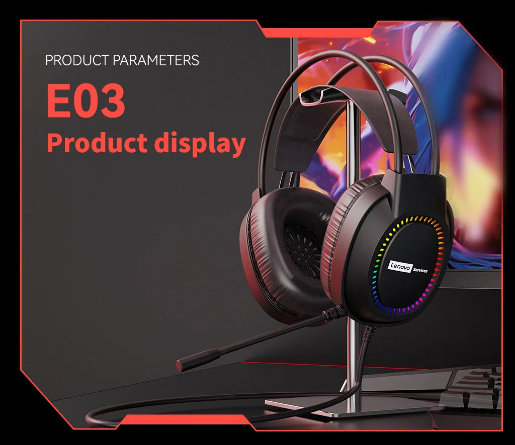 Lenovo Over-Ear Headphones with Microphone, Gaming Headphones, Rgb Lighting, Cool Colorful Lights, Suitable for Desktop and Laptop Computers, Comfortable, Sound-Isolating, and Noise-Cancelling