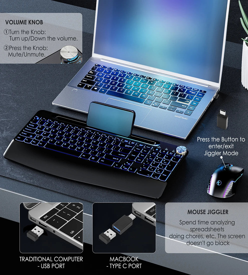 Ergonomic 2.4G Wireless Rechargeable Keyboard Mouse Set for Laptop With Color Backlit Phone Holder Wrist Rest and Jiggler Mouse