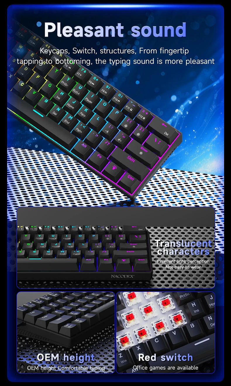 AJAZZ NK61 Wired Mechanical Keyboard, Mixed Backlight, Compact Mini Layout, Detachable USB-C Cable, Keycap Puller Included