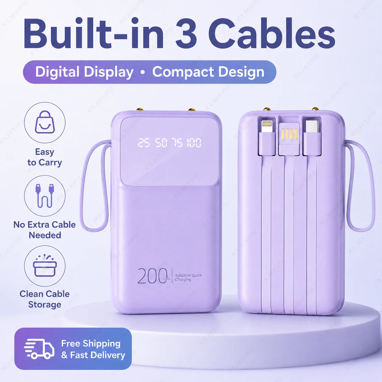 20000mAh Portable Power Bank Built-in 3 Cables Rechargeable External Battery Pack with Digital Display for iPhone Android