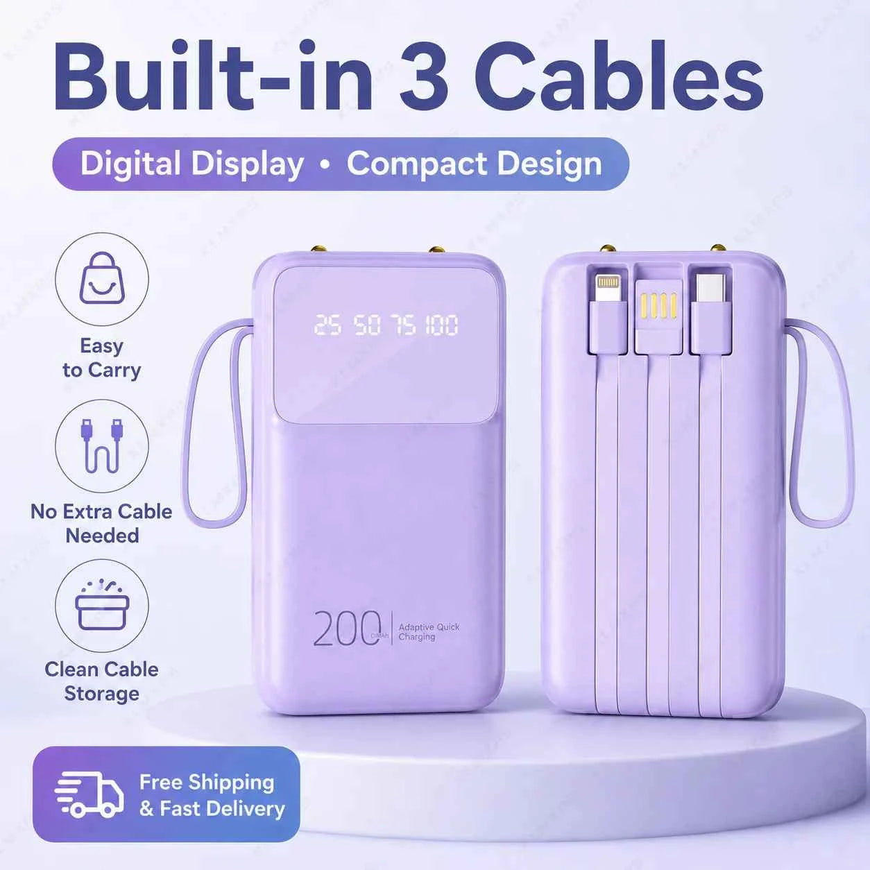 20000mAh Portable Power Bank Built-in 3 Cables Rechargeable External Battery Pack with Digital Display for iPhone Android