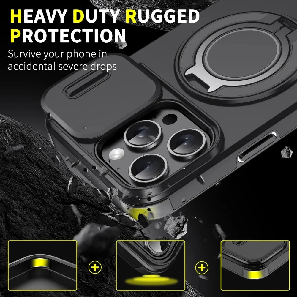 Luxury Heavy-Duty Rugged Armor Magnetic Bracket Case For iPhone 16 15 14 13 12 11 Pro Max Plus Slide Camera Protection PC Cover